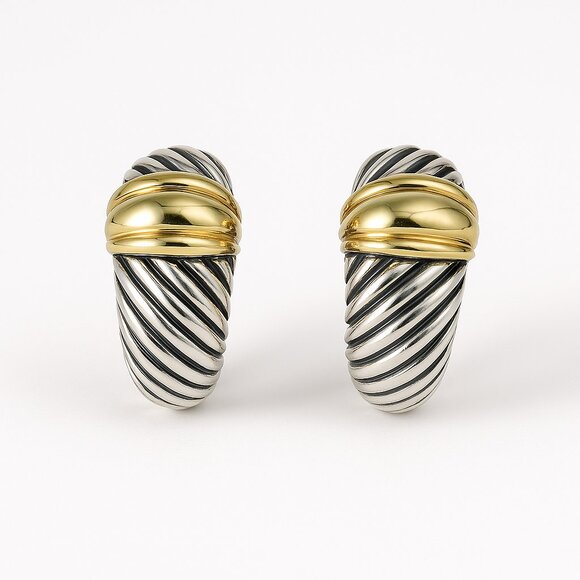 David Yurman Thoroughbred Shrimp Cable Omega Earrings 14K Gold Sterling Silver - Picture 1 of 10